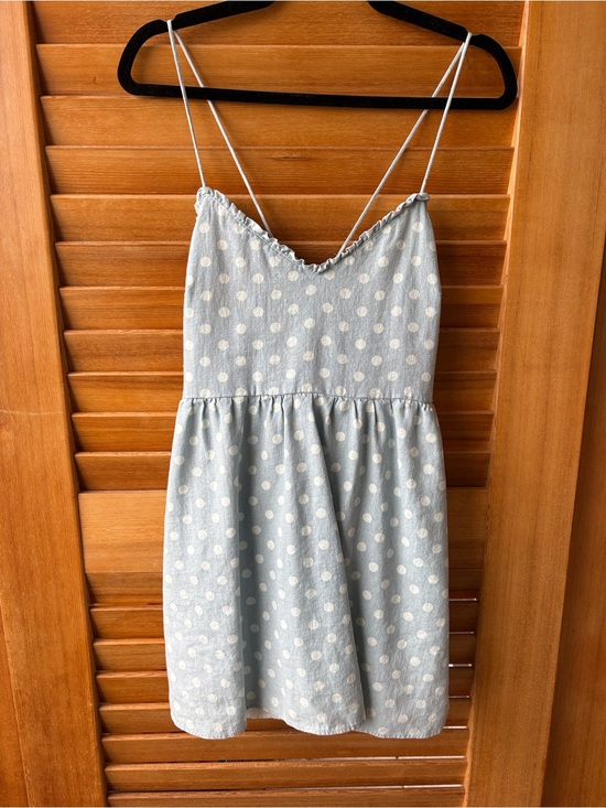 Zara Dresses & Skirts - Zara Light Blue Polka Dot Spaghetti Strap Dress with Lace-Up Front and pockets